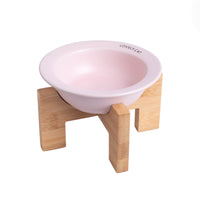 Ceramic Pet Bowl with Wooden Stand for Cats and Small Dogs, Elevated Tilted Food Water Dish for Neck Protection