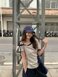 Women's Striped Off-Shoulder Short Sleeve T-Shirt