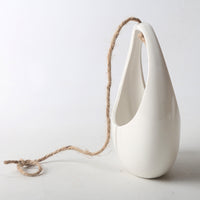 Ceramic Hanging Planter with Rope, Flat White Basket for Balcony & Indoor Plants