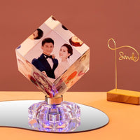 Personalized Rotating Crystal Photo Cube with LED Base, Custom 3-Photo Display for Desktop Decor