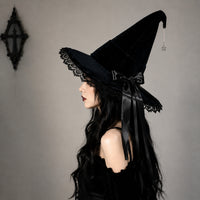 Gothic Lolita Witch Hat Velvet Lace Wide Brim Pointed Hat with Bow for Halloween Cosplay Party
