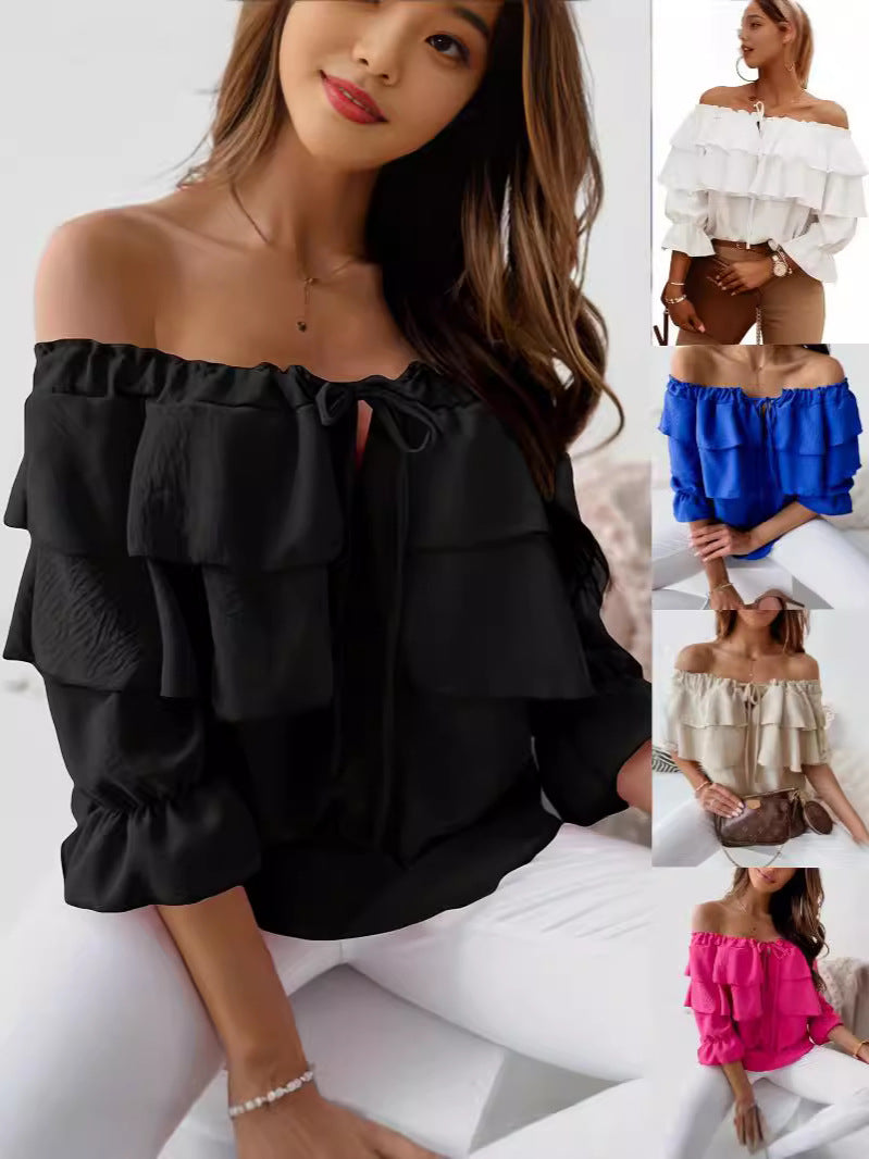 Women's Off-Shoulder Chiffon Ruffle Short Sleeve Blouse