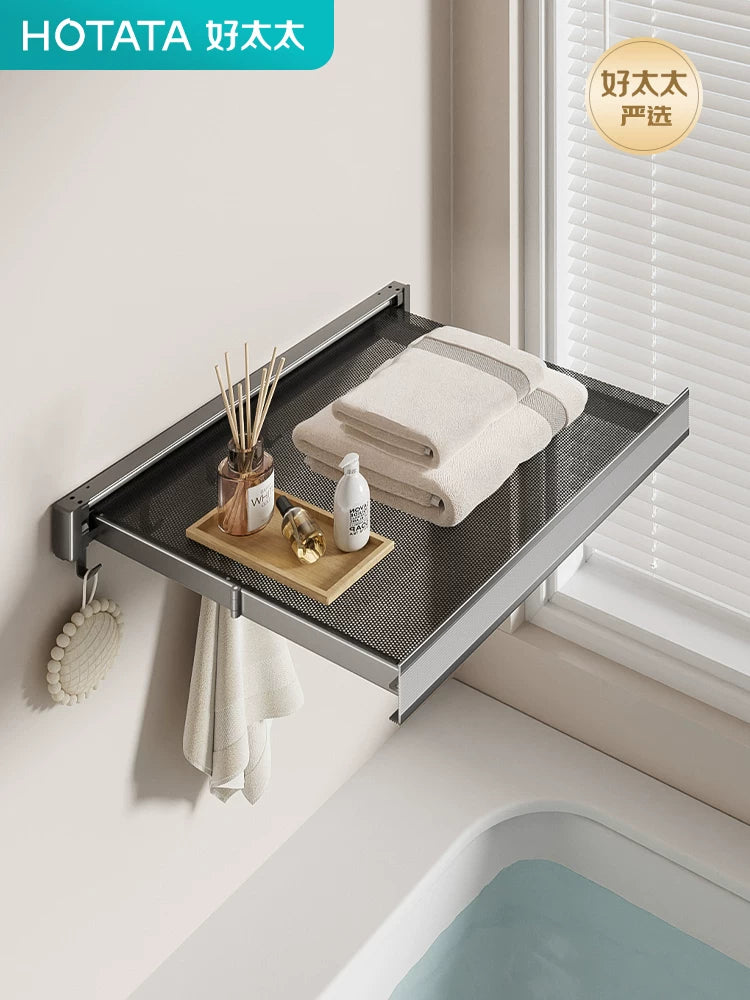 Good Wife Retractable Towel Rack for Bathroom, Wall-Mounted Folding Towel Holder with Hooks, No-Drill Installation