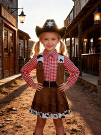 Girls' Western Cowgirl Halloween Costume Set with Plaid Vest and Skirt for Parties and Stage