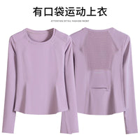 Women's Breathable Mesh Yoga Top with Pockets, Quick-Dry Long Sleeve Running Shirt for Fitness & Exercise