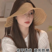 Japanese Style Straw Wide Brim Sun Visor for Women, Rollable Beach Vacation Sun Hat