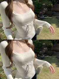 Women's U-Neck Tie-Front Textured Knit Sweater