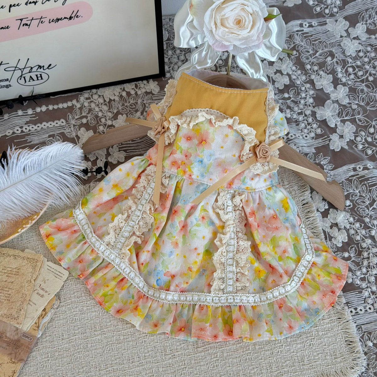Pet Princess Dress with Ruffle Trim and Irregular Hem in Ginger Yellow