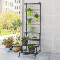 Multi-Tier Rolling Iron Plant Stand with Trellis for Indoor/Outdoor Use