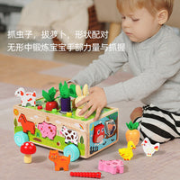 Wooden Multifunctional Educational Farm Animal Fruit Shape Block Pull Radish Matching Toy Car for Kids