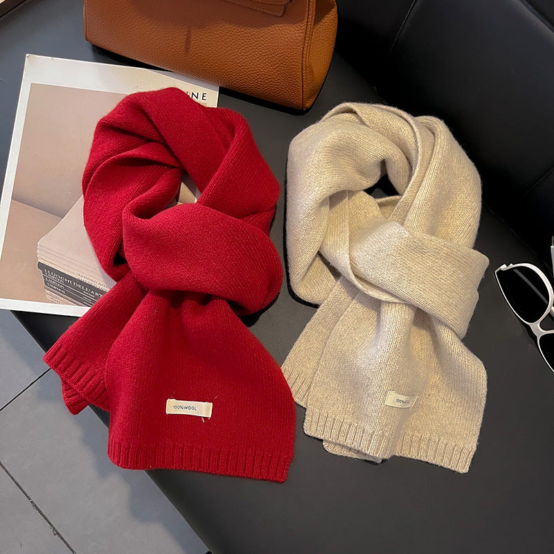 New Year Red 100% Australian Merino Wool Scarf for Women, Solid Color Knitted Thick Warm Neck Warmer