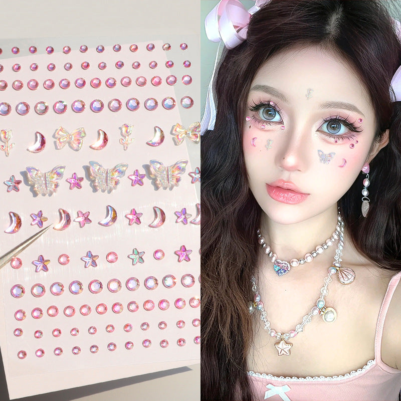 3D Butterfly Face Gems for Kids' Performances - Star, Moon, Round Rhinestone & Pearl Face Stickers