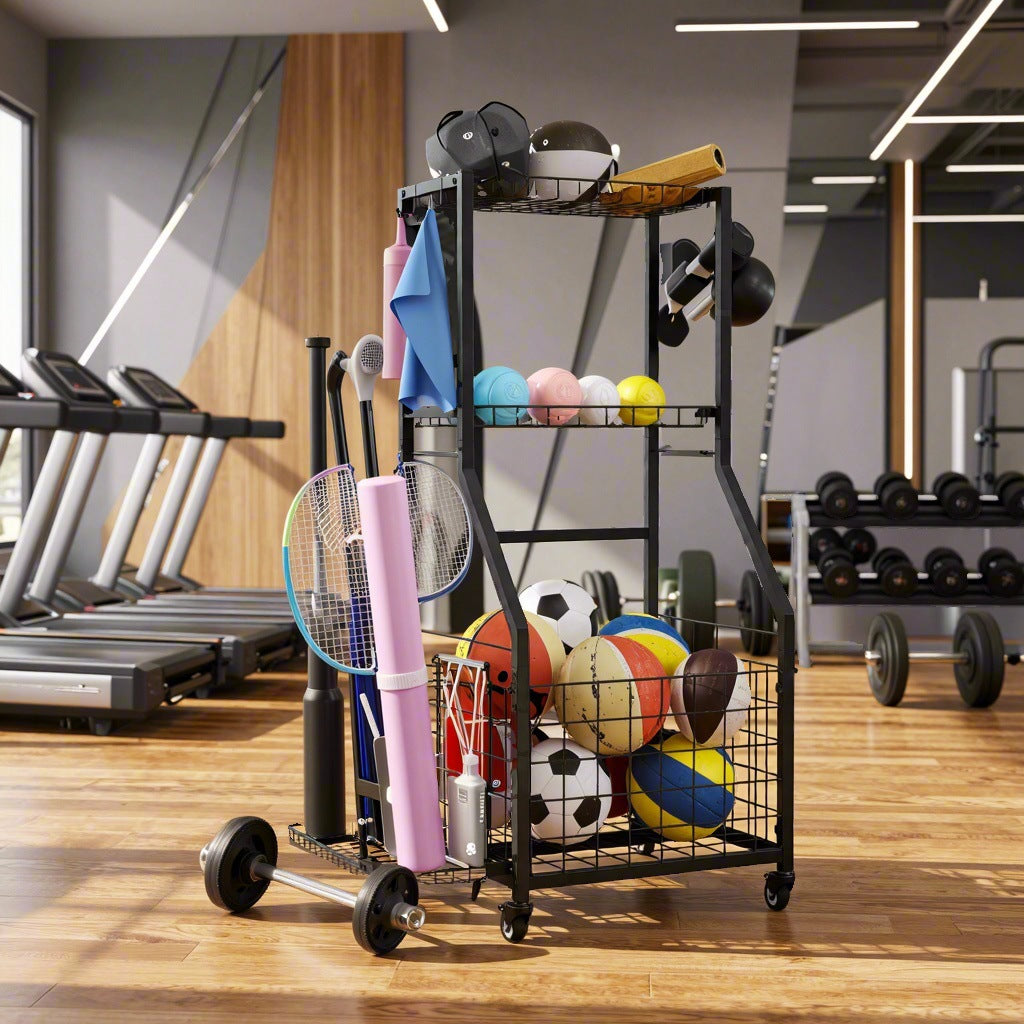 Portable Sports Equipment Storage Rack for Basketball, Soccer, and Yoga Mats