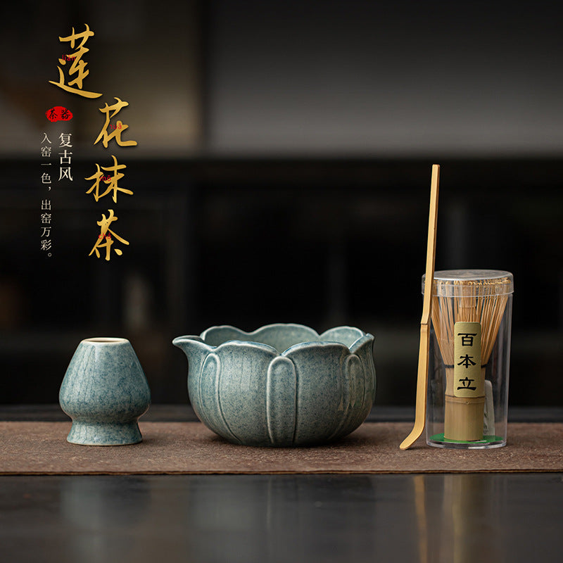 Lotus Matcha Tea Ceremony Set - Ceramic Bowl, Whisk, Scoop, and Brush