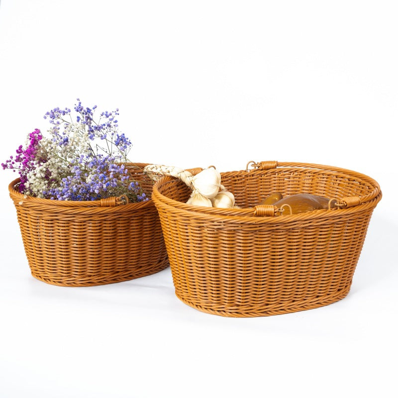 Woven Imitation Rattan Storage Basket with Handles for Picnic, Shopping, or Laundry
