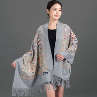 Women's Faux Cashmere Embroidered Shawl Scarf for Winter Cheongsam Outerwear