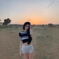 Woppei Early Spring Nautical Style Knitted Set Women's Blue and White Striped Short Sleeve Top