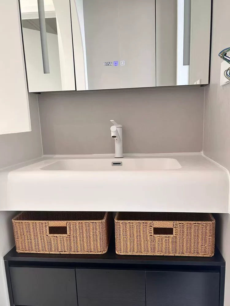 Woven Imitation Rattan Storage Basket for Bathroom Vanity and Hair Dryer