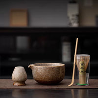Japanese Ceramic Matcha Bowl Set with Spout and Whisk Stand, Handcrafted Kiln Glaze