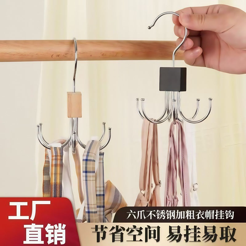 Multi-functional Wooden Scarf and Tie Hanger with 6 Hooks for Closet Organization