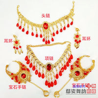Ethnic Indian Belly Dance Jewelry Set with Headpiece, Necklace, Bracelet, Earrings, and Finger Nails