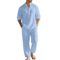 Men's Loose Fit V-Neck Henley Shirt & Long Pants Linen Blend Casual Set