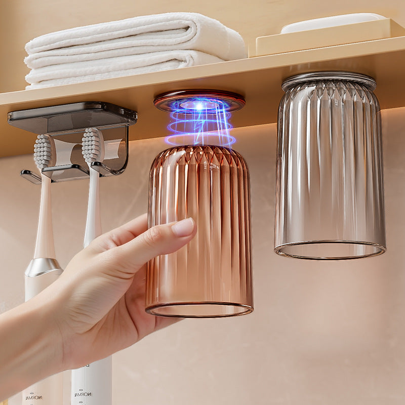 Magnetic Toothbrush Holder with Inverted Mouthwash Cups, Wall-Mounted, Punch-Free, Drainage Design for Family Bathroom