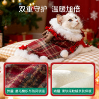 Christmas Plaid Pet Cloak with Leash Ring - Warm Winter Cat & Dog Apparel