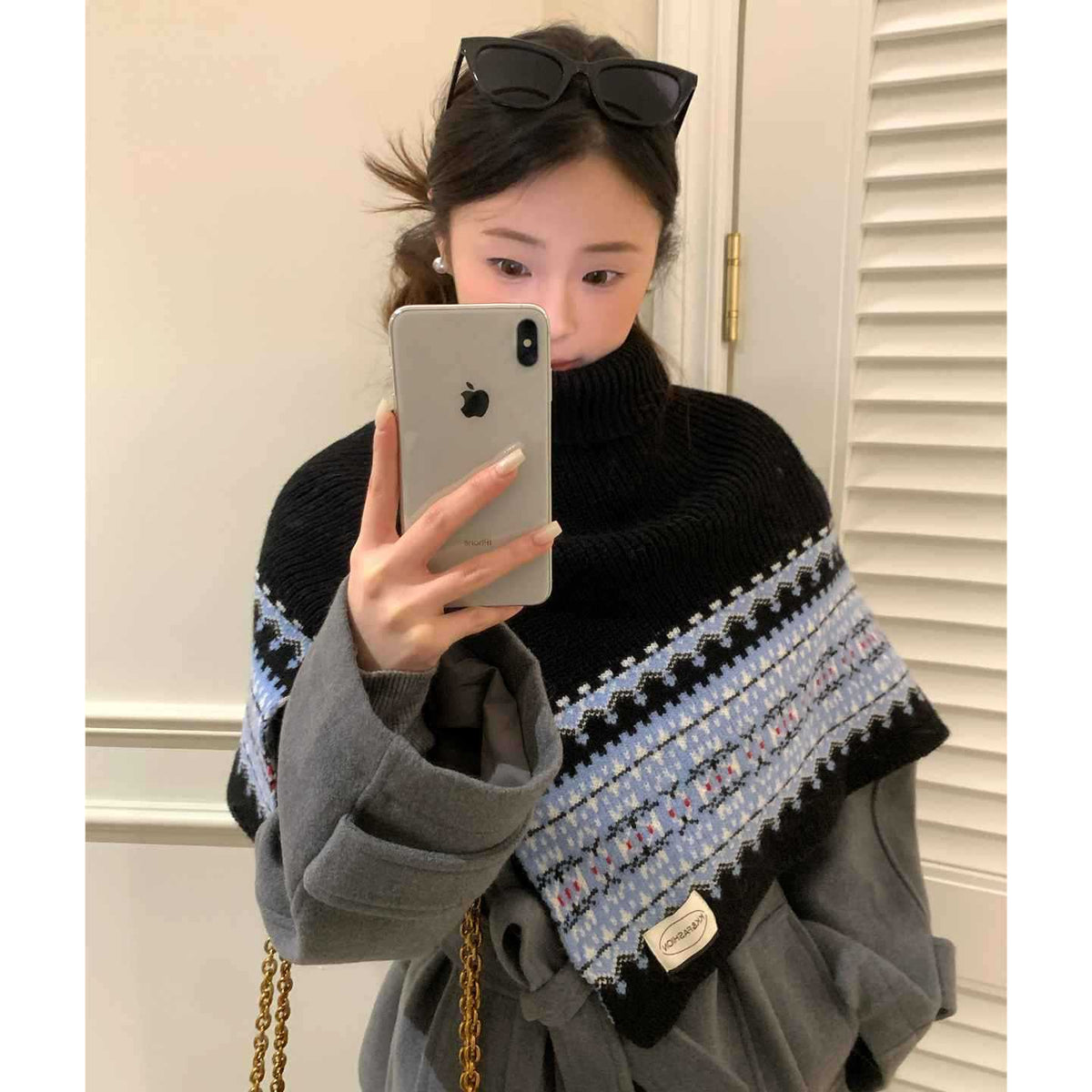 Vintage Fair Isle Jacquard Knitted Poncho Scarf for Women, Winter Warm High-Neck Shawl Wrap