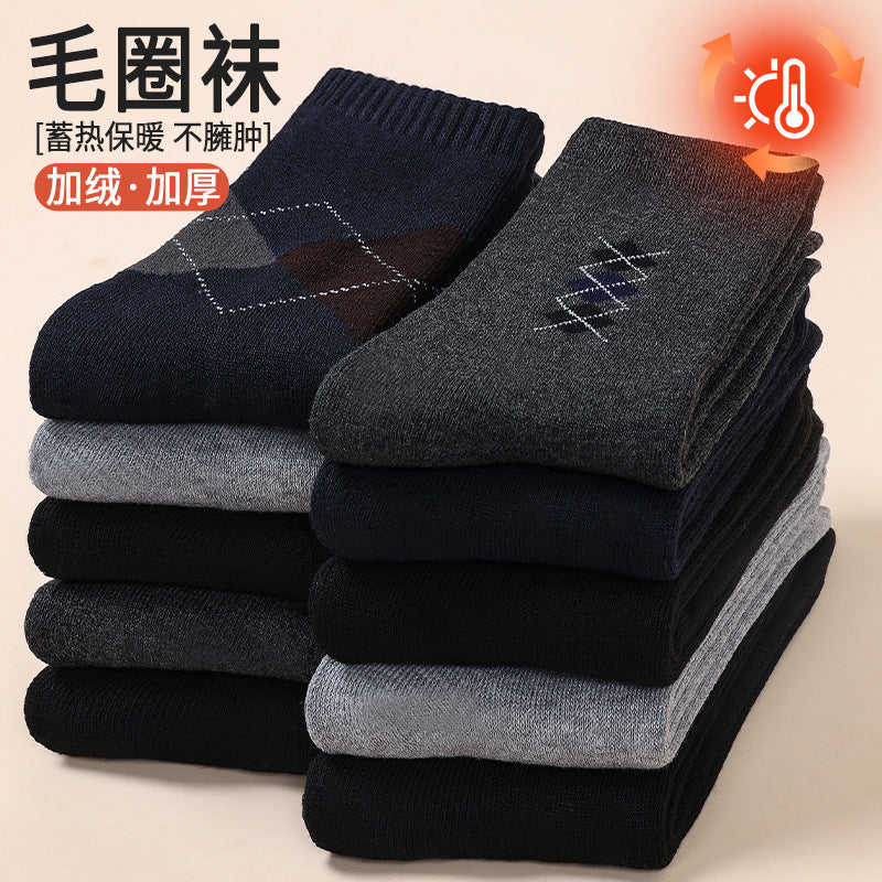 Men's Thermal Fleece Lined Mid-Calf Socks with Diamond Pattern for Winter Warmth and Comfort