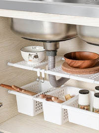 Under Sink Kitchen Storage Rack Retractable Shelf Organizer No-Drill Layered Pot Pan Holder Set