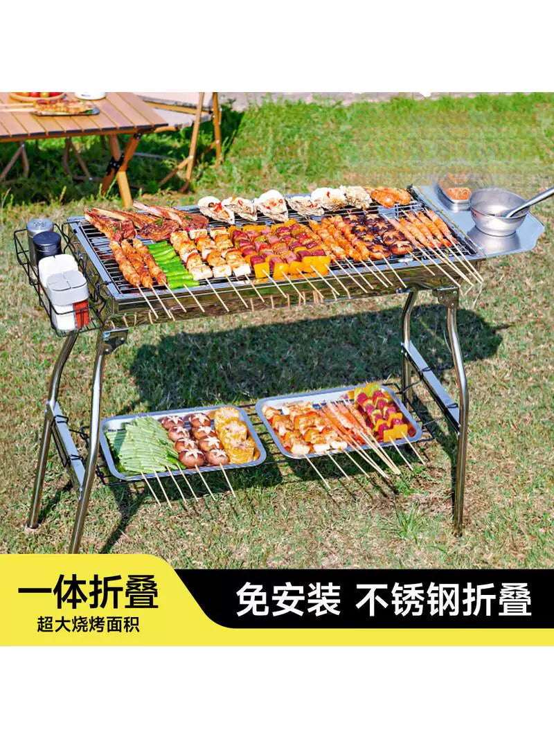 Foldable Stainless Steel BBQ Grill for Home and Outdoor Use, Thickened High-Temperature Charcoal Grill with Grilling Net and Baking Pan
