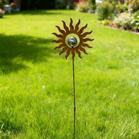 Outdoor Rusty Metal Flower Garden Stakes with Stainless Steel Ball, Flame Flower Yard Art Decor