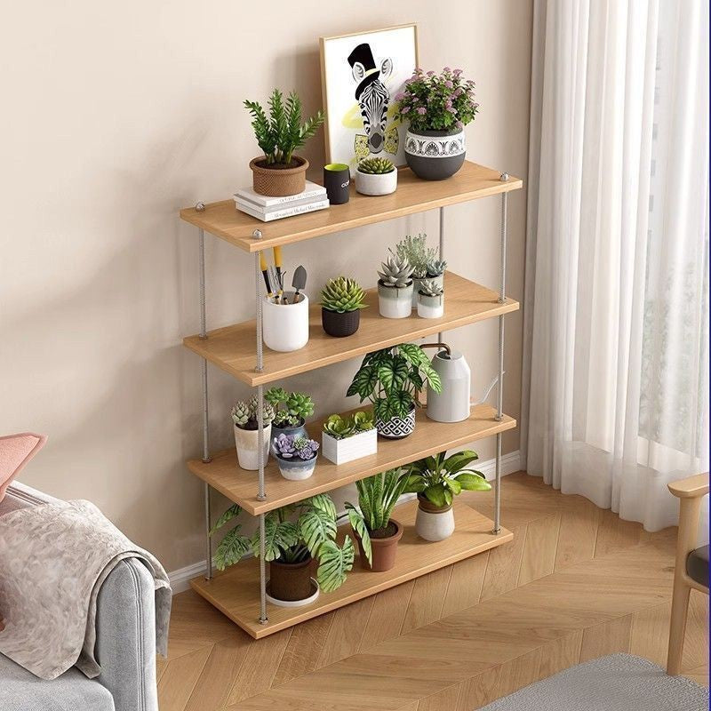 Solid Wood Rolling Plant Stand with Adjustable Stainless Steel Shelves for Indoor Use