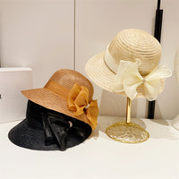 Women's Bowknot Mesh Wide Brim Straw Sun Hat for Beach and Outdoor Protection