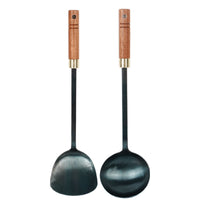 Cast Iron Wok Spatula and Ladle Set with Wooden Handle for Cooking