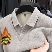 Men's Faux Two-Piece Shirt Collar Sweater with Fleece Lining, Thickened Warm Knitted Base Layer