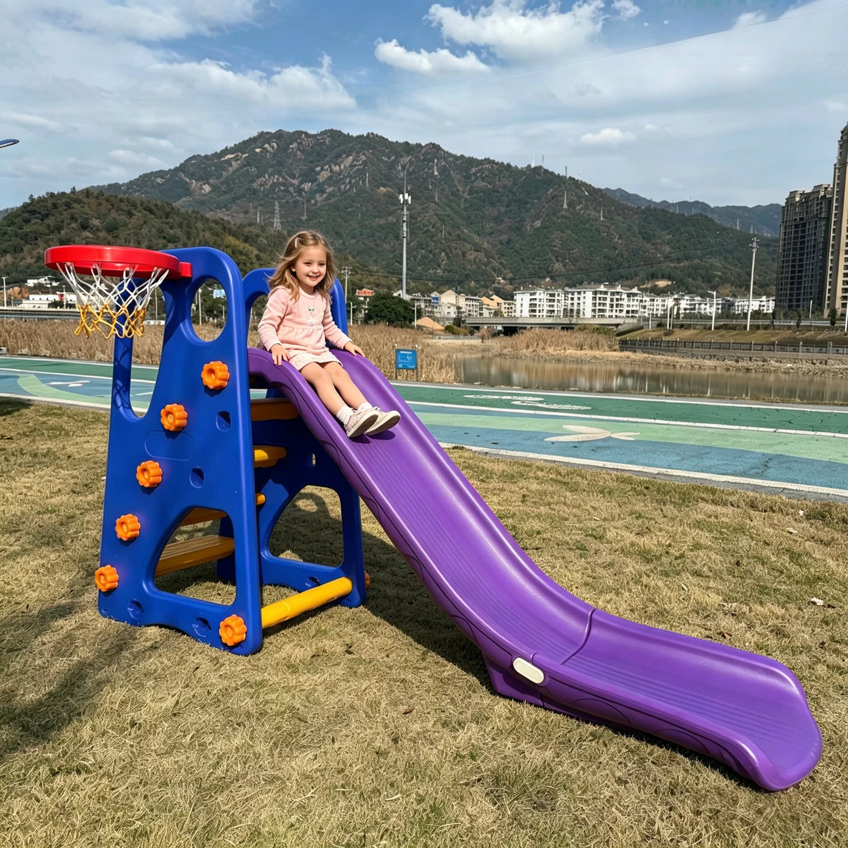 Kids' Indoor/Outdoor Slide with Guardrail, Extended 2-in-1 Toddler Play Slide for Home