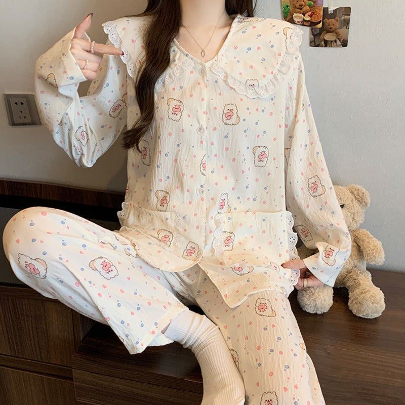 Cute Puppy Cloud Cotton Pajama Set for Women, Long Sleeve with Doll Collar and Lace Trim