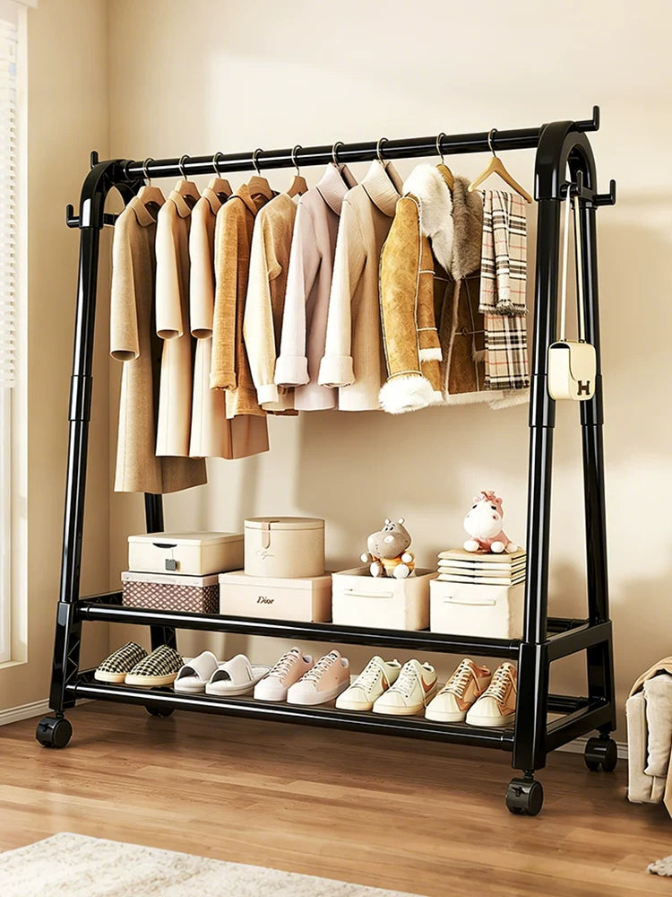 Freestanding Garment Rack with Storage Shelf and Coat Hooks for Balcony Dormitory