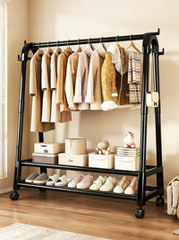 Freestanding Garment Rack with Storage Shelf and Coat Hooks for Balcony Dormitory