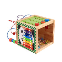 Wooden Activity Cube for Toddlers 1-3 Years Old, Multifunctional Bead Maze Toy with Shape Sorter and Gears