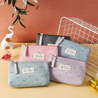 Korean Style Floral Canvas Cosmetic Bag with Zipper, Portable Mini Pouch for Travel and Daily Use