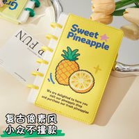 Pixel Art Pineapple A6 Blank Loose-Leaf Notebook with PU Leather Cover, Portable Sketchbook for Students