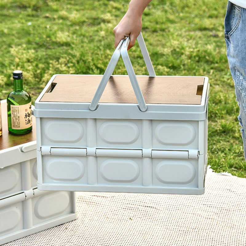 Outdoor Camping Storage Box with Wooden Lid - Portable Car Trunk Organizer & Picnic Basket