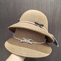 Elegant Bowknot Pearl Tie Straw Hat UPF50+ Sun Protection Fisherman Hat for Women