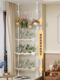 Tension Rod Plant Stand with Adjustable Shelves and Baskets for Balcony Living Room