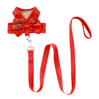 Pet Wedding Dress Harness and Leash Set for Small Dogs and Cats, Chinese Style Tang Suit