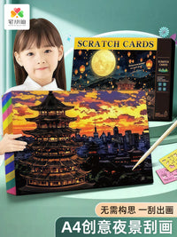 A4 Scratch Art Paper Set with Colorful Night View Designs for DIY Art and Stress Relief
