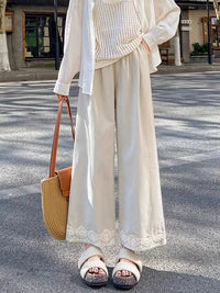 Women's Vintage Lace Patchwork Wide-Leg Cropped Pants High-Waisted Ice Silk Quick-Dry Casual Trousers